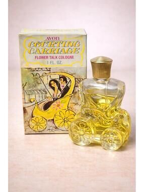 Avon 1970s Courting Carriage Flower Talk Cologne Glass Bottle With Box, 2.25x3”